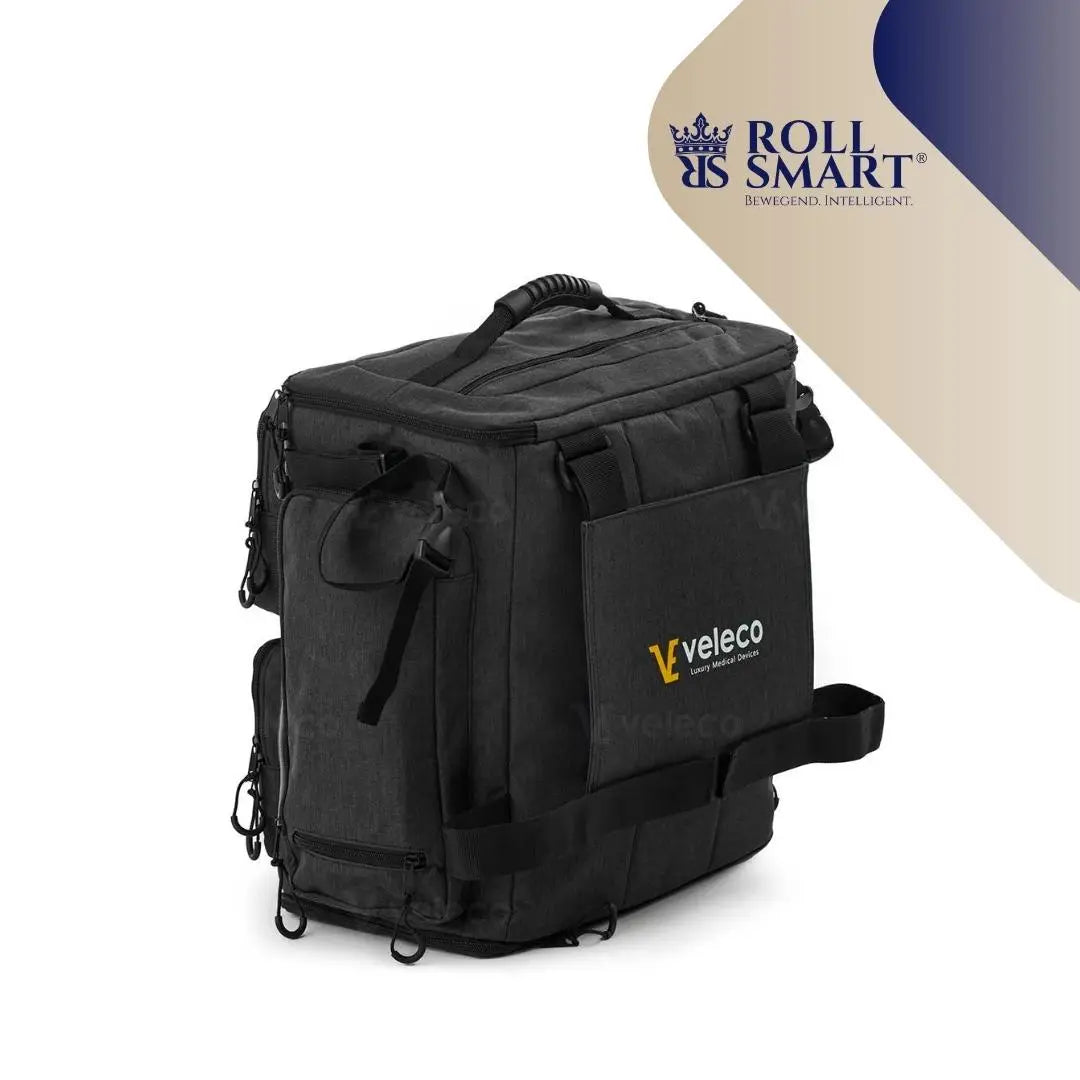 Schwarze roll smart reisetasche mit verstärkten riemen und veleco-logo für abenteuer mit elektrorollstühlen