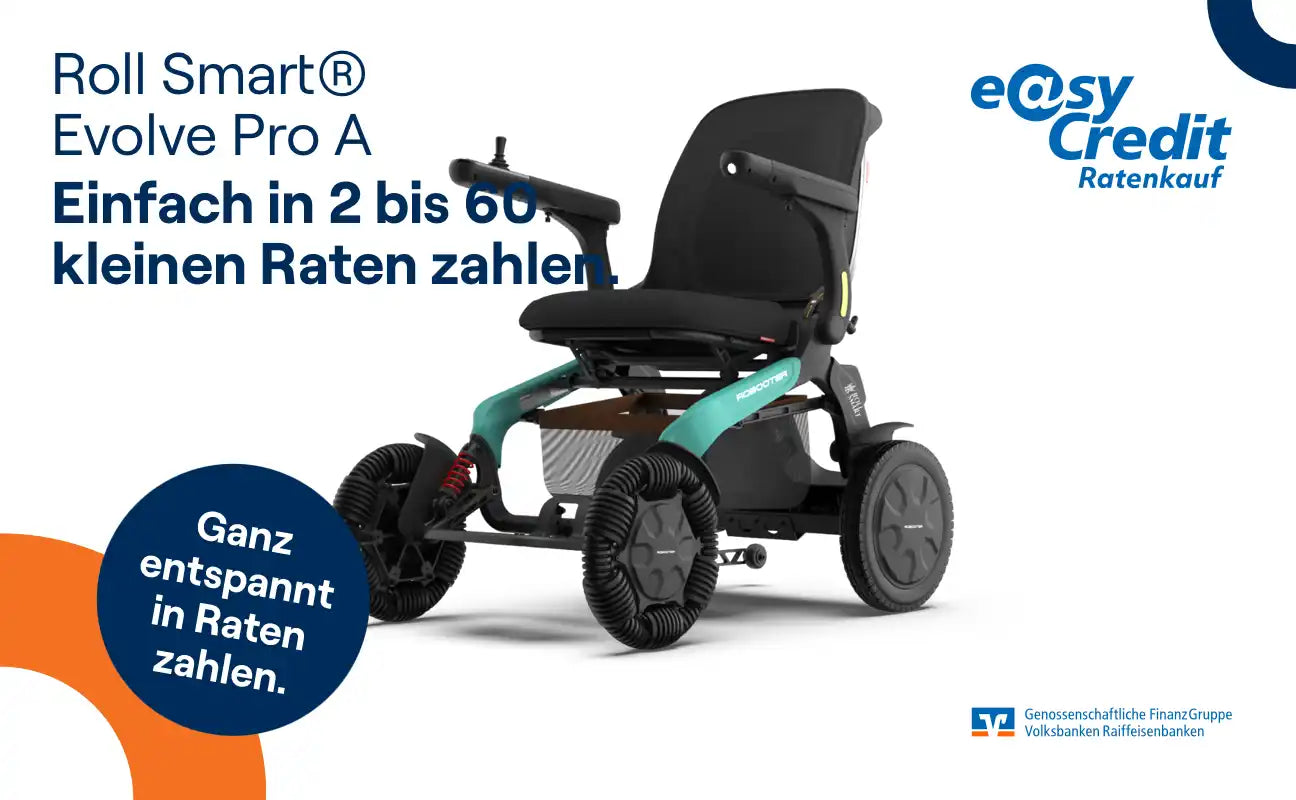 Roll smart® evolve pro a elektrischer Rollstuhl mit einem schlanken schwarzen Sitz und turquoise Rahmen, ausgestattet mit langlebigen Kunststoffrädern.