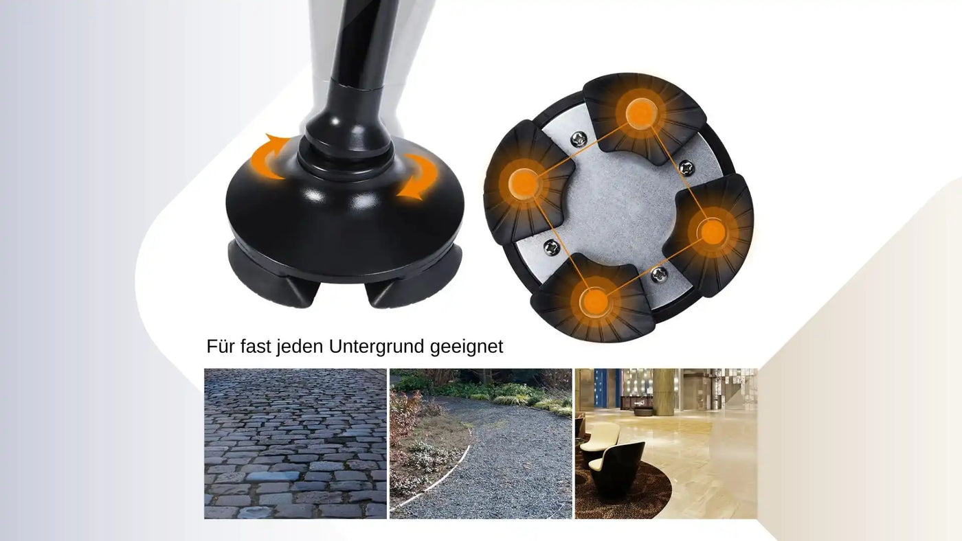 Eine Gehstockbasis, die für Stabilität auf verschiedenen Untergründen entwickelt wurde.