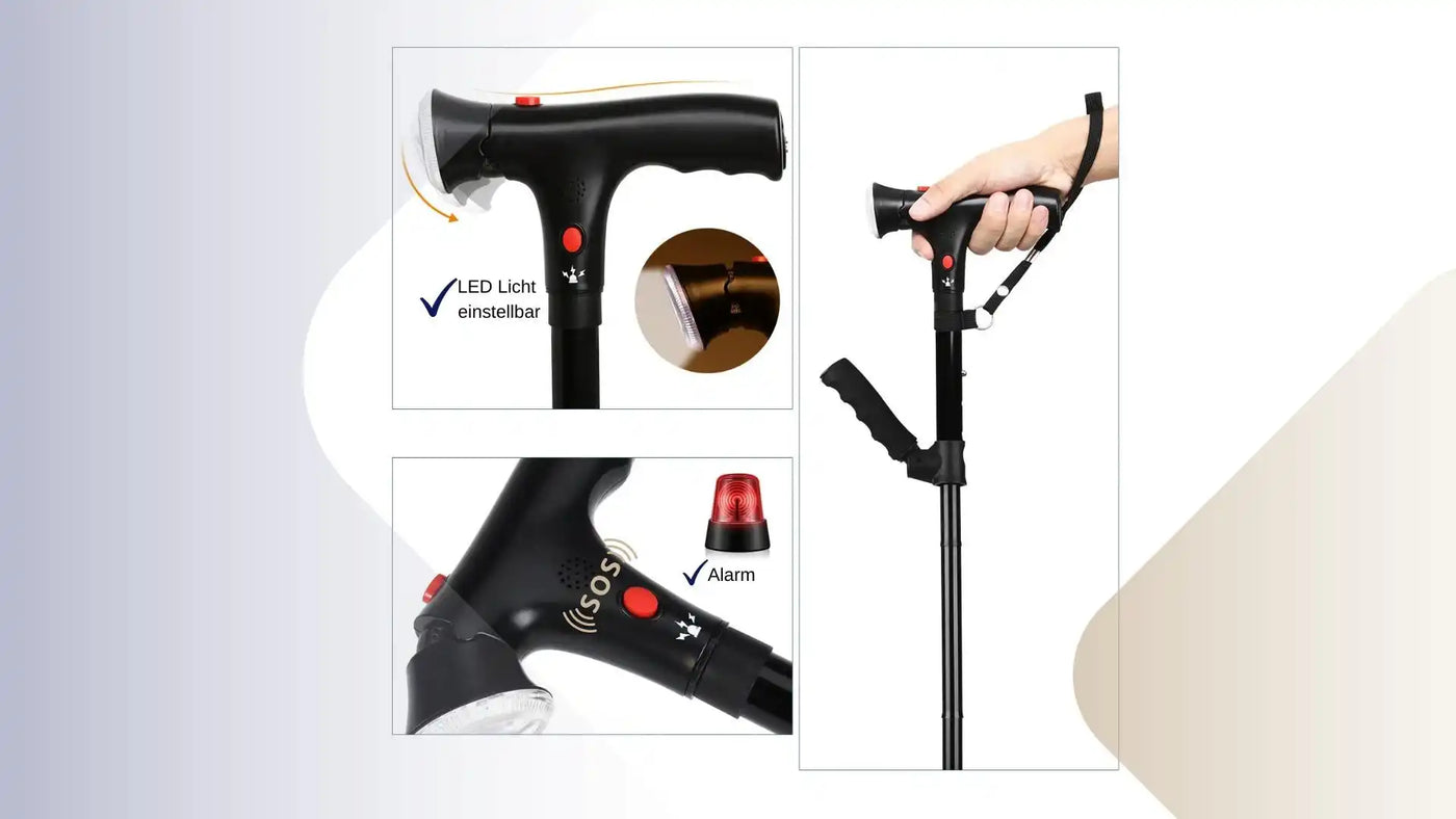 Ein schwarzer, verstellbarer Gehstock mit LED-Licht, SOS-Alarm und ergonomischem Griff.