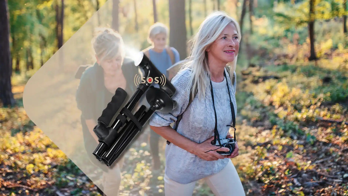 Ein schwarzer, faltbarer Gehstock mit SOS-Taste.