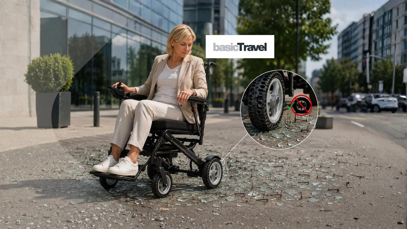 Schwarzer faltbarer Elektromobilitätsroller mit robusten Reifen und einem schlanken, modernen Design
