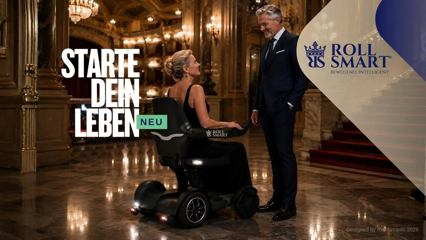 Schwarzer Rollator-Smart-Mobilitätsscooter mit schlankem, modernem Design und beleuchteten Rädern.