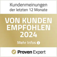 Das Bild zeigt ein goldfarbenes Banner mit weißem Text, der „von kunden empfohlen 2024“ sowie die Formulierung „kundenmeinungen der letzten 12 monate“ wiedergibt, und damit Empfehlungen von Kunden aus der Vergangenheit