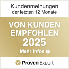 Das Bild zeigt eine Werbegrafik mit kräftigem weißem Text auf goldenem Hintergrund, die den Satz „von kunden empfohlen 2025“ sowie das Branding für proven expert enthält.