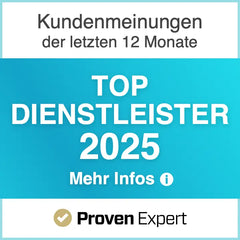 Blauer Grafikbanner mit weißem Text, der „top dienstleister 2025“ und das Logo für „proven expert“ unten enthält.
