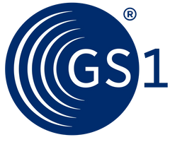 Blaues kreisförmiges GS1-Logo mit weißen konzentrischen Wellen und Text.