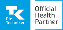 Blaues und weißes Logo für die Techniker, mit einem stilisierten ’tk’-Emblem.