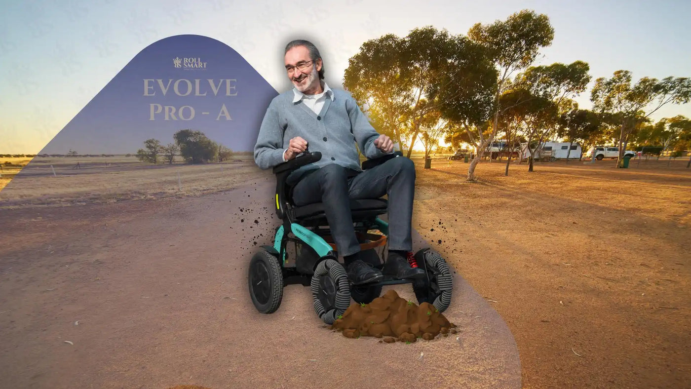 Elektro-Rollstuhl mit türkisfarbenen Akzenten und schwarzen Rädern.