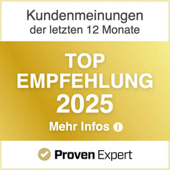 Goldener Verlaufs-Hintergrund mit kräftigem weißem Text, der „top empfehlung 2025“ liest, und dem bewährten Expert-Logo unten.