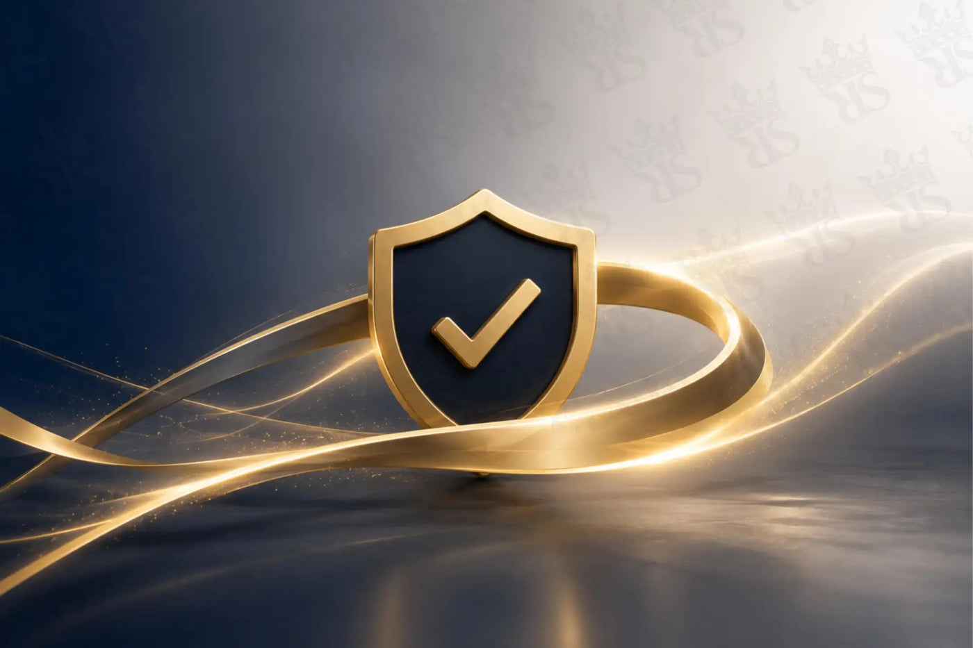 Goldenes Schild-Emblem mit einem Häkchen, vor sich windenden Lichtbändern.