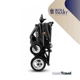 Schwarzer roll smart basictravel elektrorollstuhl mit carbonrahmen und silbernen legierungsrädern für flugreisen