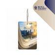 Roll smart® kofferanhänger fly tag mit city skyline bei sonnenuntergang aus flugzeugfenster aufgedruckt