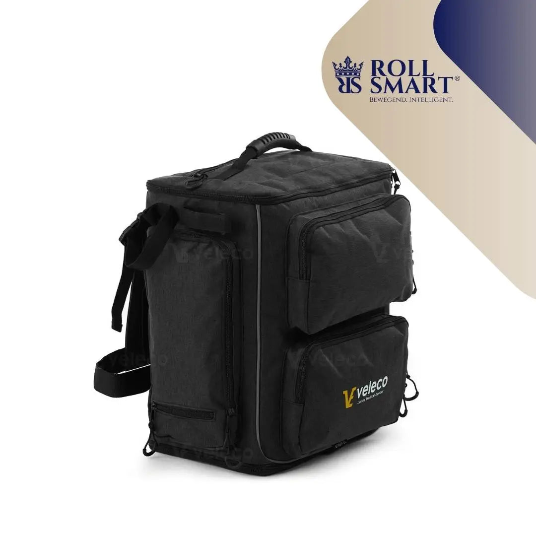 Schwarzer roll smart reise rucksack mit mehreren fächern und veleco logo ideal als reisetasche für abenteuer