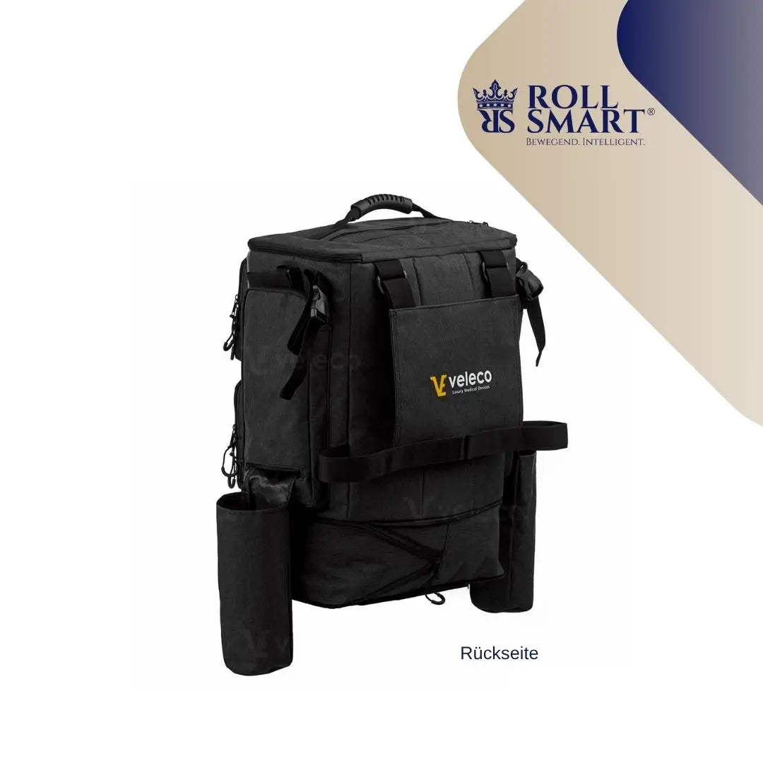 Schwarzer roll smart reise rucksack mit mehreren fächern und veeco logo ideal als reisetasche für abenteuer