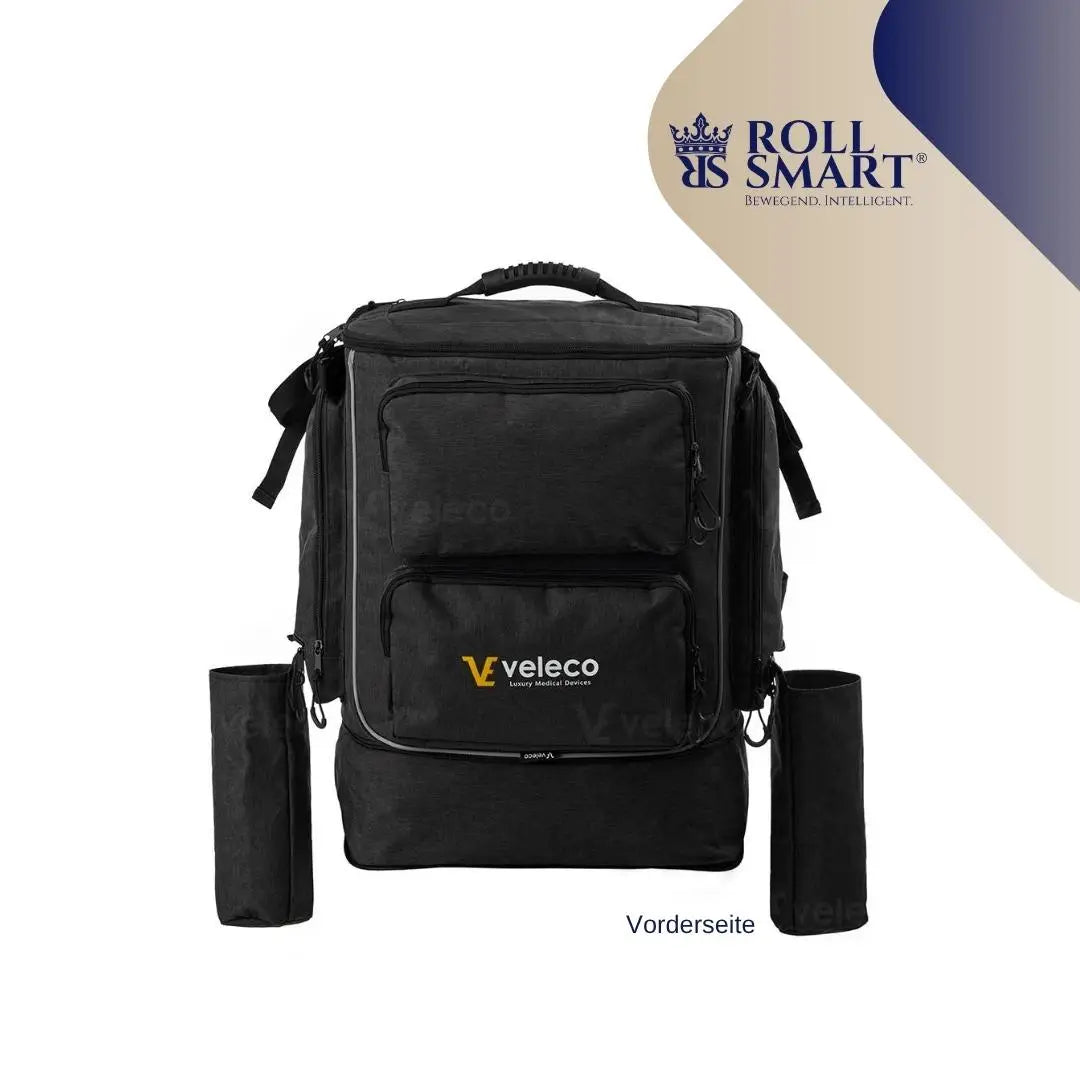 Schwarzer veleco roll smart reise rucksack mit mehreren reißverschlüssen und seitlichen beuteln für abenteuer und elektrorollstühle