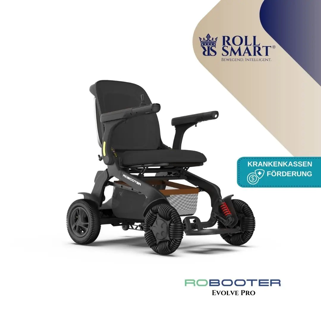 Schwarzer roll smart® evolve elektro-falt-rollstuhl mit modernem design und texturierten rädern für krankenkasse e60