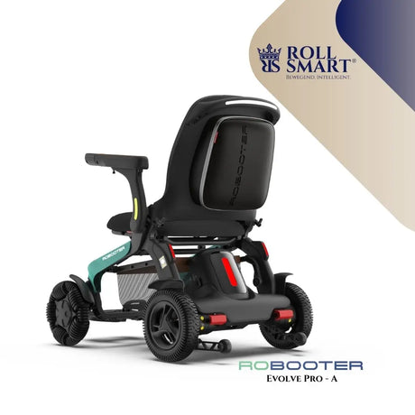 Schwarzer und teal roll smart robooter evolve pro outdoor elektrorollstuhl mit roten akzentlichtern im gefalteten zustand