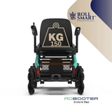 Rückansicht des schwarzen und türkisfarbenen roll smart robooter evolve pro elektro-falt-rollstuhls mit 150 kg gewichtskapazität label