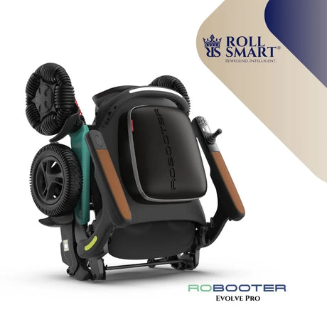 Schwarzer und teal roll smart robooter evolve pro elektro-falt-rollstuhl mit orange akzenten und texturierten rädern im gefalteten zustand