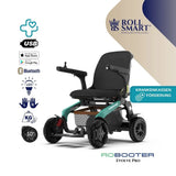 Roll smart robooter evolve pro elektro-falt-rollstuhl schwarz-teal mit vier robusten rädern und integriertem korb für outdoor elektrorollstuhl im gefalteten zustand