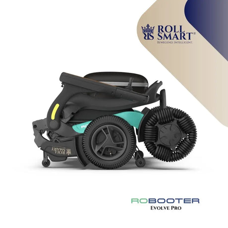 Teal und schwarze roll smart robooter evolve pro elektro-falt-rollstuhl mit strukturierten rädern im gefalteten zustand