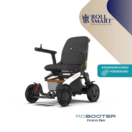 Roll smart® evolve pro elektro-falt-rollstuhl in schwarz weiß mit gepolstertem sitz und roten bremskomponenten