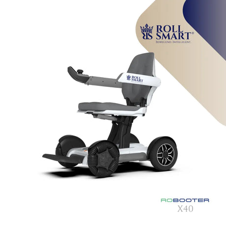Grauer und weißer roll smart® elekro-falt-rollstuhl x40 mit schwarzen rädern und automatisch faltbarer funktion