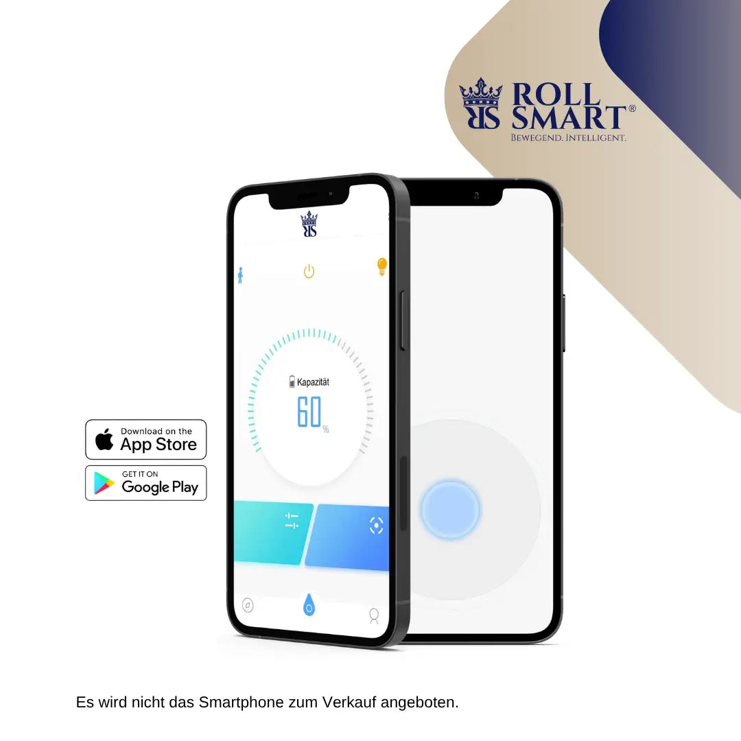 Schwarzes smartphone mit roll smart® app und kreisförmigem batteriestatus 60 prozent für roll smart elektrorollstuhl x40 elektro-falt-rollstuhl