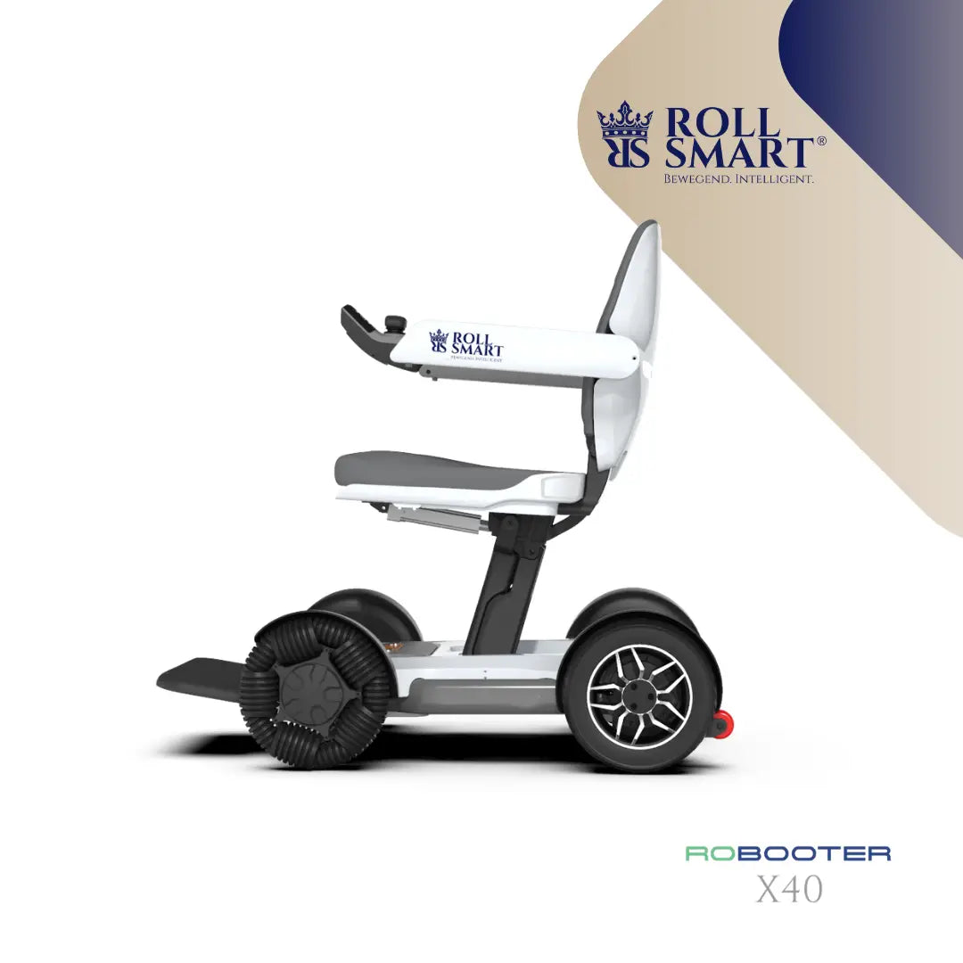 Weißer und grauer roll smart® elektrorollstuhl x40 mit schwarzer bereifung und modernem design, elektro-falt-rollstuhl automatisch faltbar