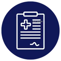 Weißes Linienzeichnung-Symbol einer medizinischen Klemmtafel auf einem soliden dunkelblauen kreisförmigen Hintergrund.